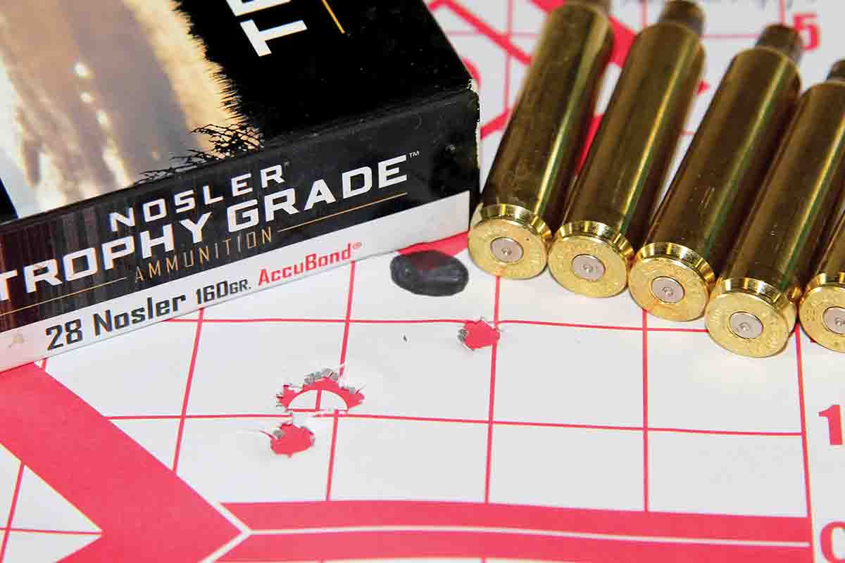 Nosler’s Trophy Grade factory ammunition loaded with 160-grain AccuBond bullets assembled a 1.24-inch cluster at 3,192 fps – including a single flier outside a one-hole group.